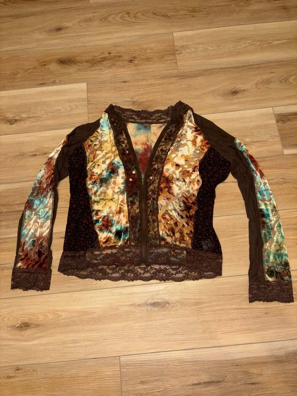 Vintage Y2K Multi-Color Velvet and Sheer Lace Beaded Zip-Up Cardigan Top